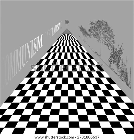 Abstract road to the horizon symbolizing choice and uncertainty. Fading words symbolize different ideological systems and uncertainty of direction, representing choice, ambiguity, and long-term paths in society, economy, and human development.
