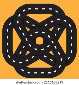 Abstract road knot. Twisted highway illustration. Traffic route concept. Black road on yellow.