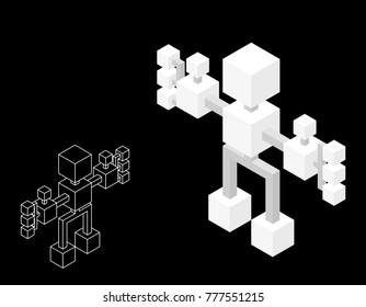 Abstract robot of cubes. Infographic template. Isolated on black background. 3d Vector illustration. Isometric projection.