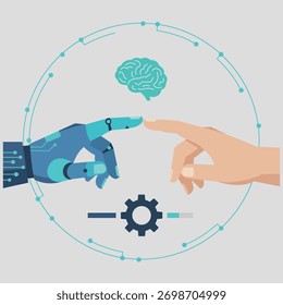 An abstract robot hand touching a human hand, symbolizing the integration of AI and human collaboration