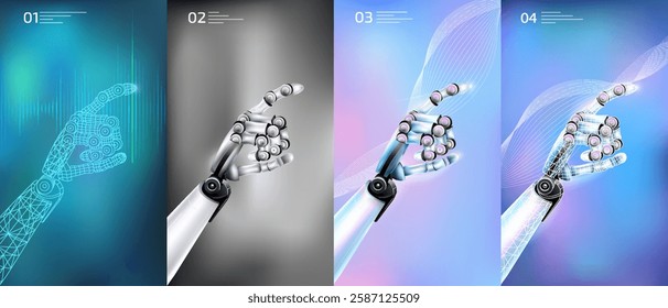 Abstract robot hands pointing down with a finger on a beautiful background.