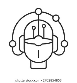 Cabeça de robô abstrata com órbitas conectadas e nós representando dados ou pensamentos