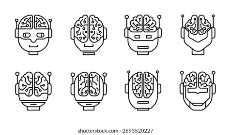 Ícones abstratos da cabeça do robô apresentando elementos visíveis do cérebro para o vetor de conceitos de inteligência artificial