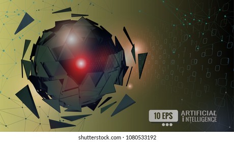 Abstract robot triangle sphere code projection with artificial intelligence conceptual illustration on dark yellow brown background