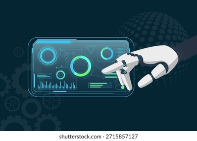 A mão robótica abstrata interage com uma interface digital brilhante e de alta tecnologia exibindo gráficos e medidores, colocados contra um fundo escuro com motivos de engrenagens. Ideal para automação e conceitos técnicos.