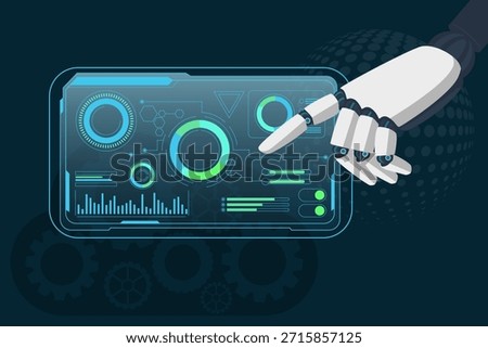 Abstract robotic hand interacts with a glowing, high tech digital interface displaying graphs and gauges, set against a dark background with gear motifs. Ideal for automation, and tech concepts.