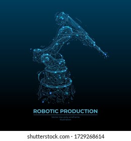 Abstract robotic tool. Low poly wireframe looks like constellation. Digital vector illustration with blue particles. Industrial technology concept.
