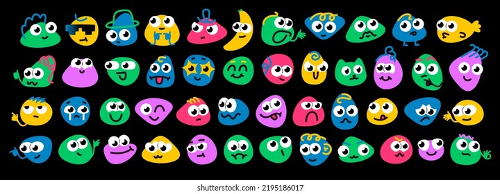 Abstract rock friends faces. Comic doodle emotions, various facial expressions and cartoon colorful characters vector set