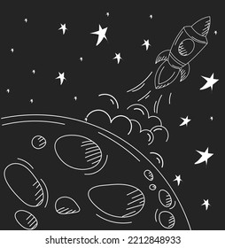 Abstract rocket concept. Minimalistic spaceship flies away from planet. Astrology and astronomy, travel and adventure, scientific. Poster or banner for website. Cartoon flat vector illustration