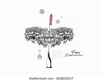 Abstract Rocket firecrackers in a pot with Ravana ten heads with text Happy Dussehra - Poster Banner Vector Design.