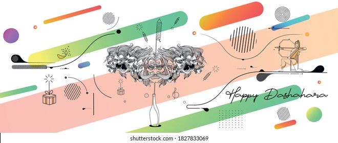 Abstract Rocket firecrackers in a pot with Ravana ten heads with text Happy Dussehra - Poster Banner Vector Design.