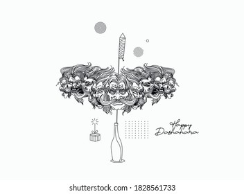 Abstract Rocket firecrackers in a pot with Ravana ten heads with text Happy Dussehra - Poster Banner Vector Design.