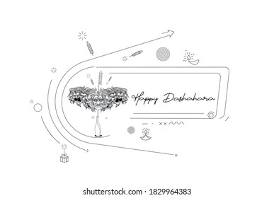 Abstract Rocket firecrackers in a pot with Ravana ten heads with text Happy Dussehra - Poster Banner Vector Design.