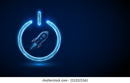 Abstract rocket flying in the space inside power button. Low poly style design. Abstract geometric background. Wireframe light connection structure. Modern 3d graphic concept. Vector illustration.