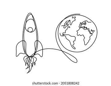 Abstrakte Rakete mit Globus als kontinuierliche Linie, die auf weißem Hintergrund zeichnet. Vektorgrafik