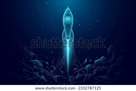 Abstract Rocket Launch. Digital Spaceship Flying Up Into Outer Space. Business Development, Boosting Concept. Low Poly Wireframe Vector Illustration on Technological Blue Background. Polygonal banner.