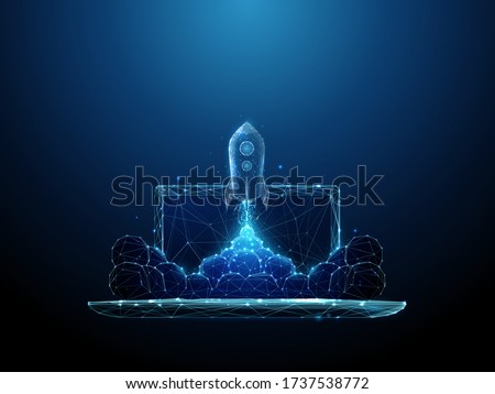 Abstract rocket launch from laptop. Start up concept in low poly style design. Blue geometric background. Wireframe light connection structure. Modern 3d graphic concept. Isolated vector illustration.