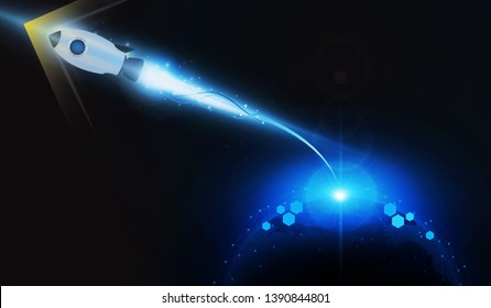 Abstract rocket Light out technology background Hitech communication concept innovation send for planet earth with sunrise and technology network.