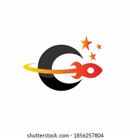 abstract rocket with moon and stars