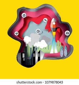 Abstract of rocket paper into space, paper city conception and environmental management and technology development, paper art vector illustration.