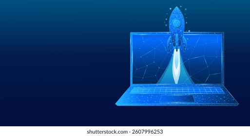 Abstract rocket taking off from a digital laptop screen. Spaceship with smoke. Low-poly, technological blue launch and boost concept