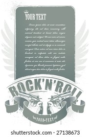Abstract rock-n-roll image with two revolvers, wings, ribbon and place for your text