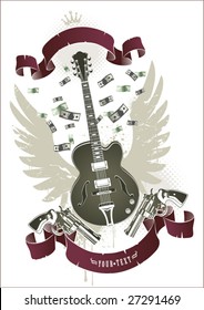 Abstract rock-n-roll image with two revolvers, guitar, ribbon and money