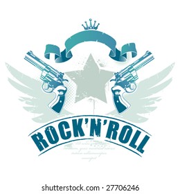 Abstract rock-n-roll image with two revolvers and wings