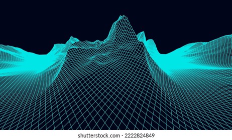 Abstract rocky hills in the ocean wireframe background. 3D grid technology illustration landscape. Digital Terrain Cyberspace in Mountains with valleys. Data Array. Blue on Black. Vector Illustration.