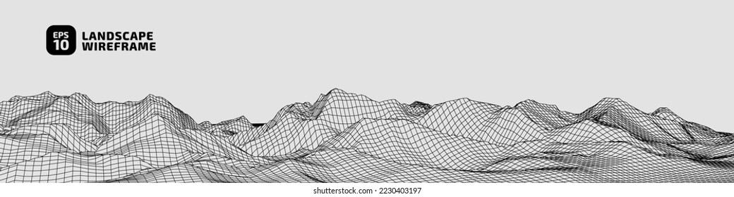 Resumen de las colinas rocosas en el fondo del maletero del océano. paisaje de ilustración de tecnología de cuadrícula 3D. Ciberespacio Digital Terrain en Montañas con valles. De Tamaño Ultra Grande. Oscuro en la luz. Vector