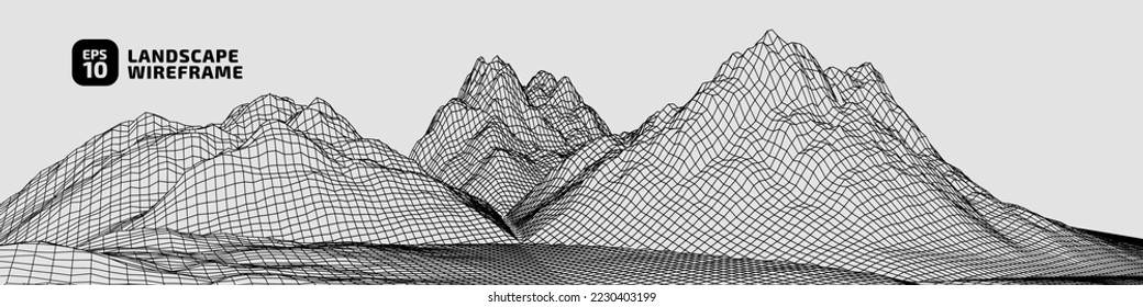 Abstract rocky hills in the ocean wireframe background. 3D grid technology illustration landscape. Digital Terrain Cyberspace in Mountains with valleys. Ultra Wide Size. Dark on Light. Vector
