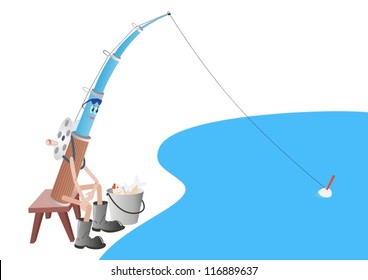 Abstract rod with buckets and catch at the lake. The illustration on a white background.