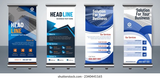 Abstract roll up banner with blue shape. Modern roll up stand banner template. vector