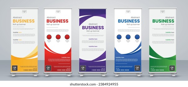 abstract roll up banner design for business events, meetings, annual meetings, presentations in purple, red, blue, green, black and yellow print ready colors