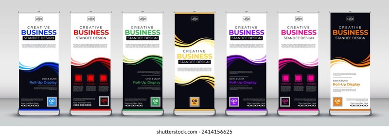 abstract roll up banner design for business events, annual meetings, presentations, marketing, promotions, in blue, red, green, yellow, purple, pink and orange print ready colors