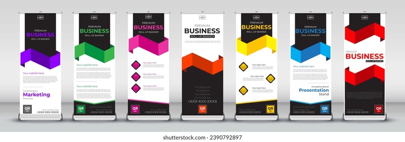 abstract roll up Banner Design set for signboard Advertising Template standee X banner for Street Business in red, green, blue, yellow, orange, purple, orange    