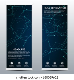 Abstract Roll up banner for presentation and publication. Science, technology and business templates. Structure of molecular particles and atom background, vector illustration