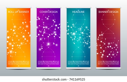 Abstract roll up banner for presentation and publication. Scientific, technological and medical template. Molecule structure background, vector illustration