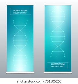 Abstract roll up banner for presentation and publication. Scientific, technological and medical template. Molecule structure background, vector illustration