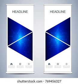 Abstract roll up banner for presentation and publication. Scientific, technological and medical template. Molecule structure background, vector illustration
