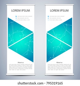 Abstract roll up banner for presentation and publication. Scientific, technological and medical template. Molecule structure background, vector illustration
