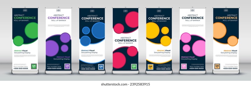 Abstract Roll Up Banner Stand Poster set in red, green, blue, yellow, orange, purple, orange for events, presentations, meetings, annual events
