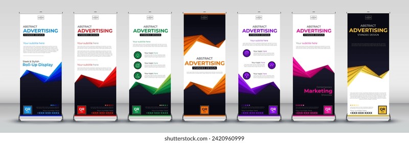 abstract Roll Up Banner for Stand Poster Brochure flat design template creative concept in blue, red, green, orange, purple, pink and yellow print colors