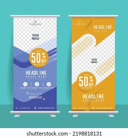 Abstract roll up banner or standee blue and orange sale of design template