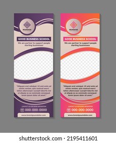 Abstract Roll Up Banner Template Design Headline Is Good Business School. Space Of Photo Collage And Text. Advertising Banners With Vertical Layout. Soft Pink Background, Purple ,yellow On Element. 