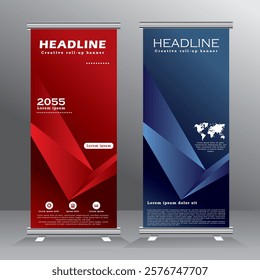 Abstract roll up banner template design, roll up banner design template with blue and red color, Vertical banner template, pull up, sandees, for event, project, exhibition,