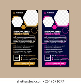 abstract roll up banner template design, vertical illustration layout for advertisement or promotion, pull up with black and dark blue colors background. collection of Innovative education banners