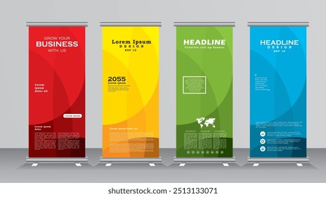 Abstrato Roll up banner template set. stand banner layout, anúncio, puxar para cima, fundo, tela, x-banner, Banner vertical com vermelho, amarelo, verde e azul cor.