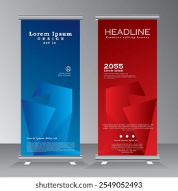 Modelo abstrato de banner roll-up, modelo de design de banner vertical, banner roll-up com cor azul e vermelha, brochura, negócios, folheto, infográficos, banner x moderno, eps 10 vetorial