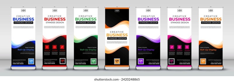 abstract Roll up banner vertical template design for events, brochure, flyer, infographics, x banner and flag banner advertising in blue, red, green, yellow, purple, pink and orange print ready colors